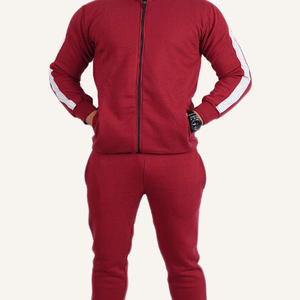 Men's Red <b>Tracksuit</b> Full Zipper Stand Collar Solid Color Casual Jogging Set With Side Pockets Breathable Polyester Material - Product Image 6