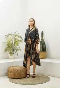 Handmade Boho Style Tie <b>Dye</b> Silk Kimono Maxi Dress Floral Long Sleeves Floor-Length Wrap for Summer Vacation Beach Cover Dress - Product Image 3