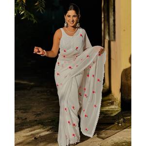 Sari de Georgette con Bordado de Hilo a la Moda con Blusa Sin Coser Blanca - Product Image 1