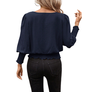 Chemise pour femme en popeline bleu marine, col rond, manches longues, coupe ample, couleur unie vintage - Product Image 2