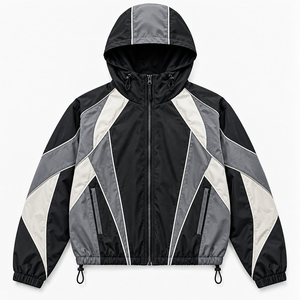 Men's Navy Color Blocking <b>Racer</b> <b>Jacket</b> Stand Collar Windproof Sporty Style Polyester Shell Single Button Closure Autumn Wear - Product Image 4