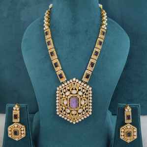 Conjunto de collar largo de latón con piedras dobles de moissanita Polki, diseño hermoso, estilo real, perfecto para fiestas y ocasiones festivas. - Product Image 6