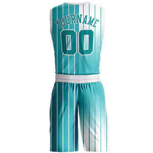 Custom Men Basketball Uniform Set Striped Teal <b>White</b> Sublimation Print Quick Dry Sporty Summer Wear - Product Image 1