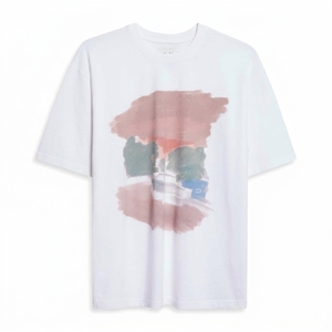 T-shirt blanc à manches courtes pour homme avec motif peint à la main sur le devant, coupe classique, col rond, style décontracté, jersey en coton - Product Image 5