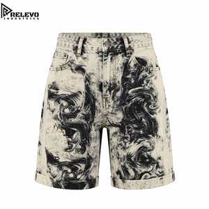 Grunge Black and <b>White</b> Marble Acid Wash Denim Jorts, Swirl Print Cuffed Skate <b>Shorts</b> with Vintage Heavy Bleach Wash - Product Image 1