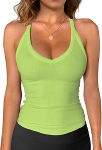 Nueva Camiseta sin Mangas para Gimnasio 2026 para Mujer, Morada, con Cuello Halter de Encaje Acanalado, Tejido Casual, Color Sólido, Transpirable, Ecológica y de Secado Rápido - Product Image 5
