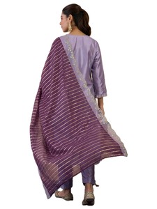 Ensemble Salwar Kameez en soie brodée pour femmes, couleur violette, avec dupatta, tenue traditionnelle indienne et pakistanaise, décontractée, mi-longue, pour l'été/l'hiver - Product Image 4