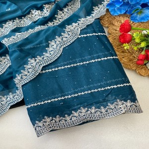 ผ้าส่าหรี VASTRA COTTAGE รุ่นพรีเมียม สตาร์ จอร์เจตต์ พร้อมงานปักดิ้นทองอย่างประณีตและขอบผ้าลายฉลุ - Product Image 4