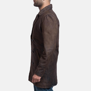 <b>Men's</b> Genuine <b>Leather</b> <b>Long</b> <b>Coat</b> Turn-down Collar Double Breasted Vintage Windproof Jacket Winter Wear - Product Image 3
