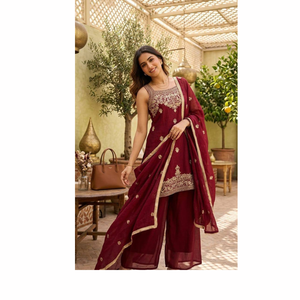 Ensemble palazzo exclusif Rangoli Crush Designer avec broderie, travail de sequins et dupatta à bordure en dentelle pour femme - Product Image 1