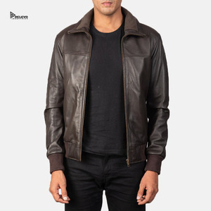 Blouson aviateur en cuir véritable pour homme, col rabattu, fermeture éclair, coupe ajustée, style moto, vêtement d'automne pour homme - Product Image 1