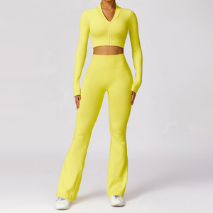Wholesale Custom Logo Solid Soft Sleeveless Crop Top <b>Flare</b> <b>Legging</b> Yoga Active Wear Sets Women Seamless Breathable Eco-Friendly - Product Image 6