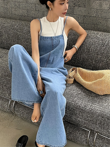 Overol de Mezclilla Holgado de Pierna Ancha, Estilo Elegante de Verano, Transpirable, Cintura Alta, Diseño Estructurado Vintage, Sin Elasticidad - Product Image 5