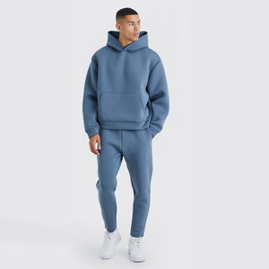 Men's Slate Blue Fleece Tracksuit Two Piece Set Oversized Pullover <b>Hoodie</b> And Sweatpants Casual <b>Plain</b> Sportswear Activewear - Product Image 3