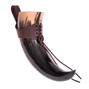 Natural Horn Drinking <b>Mug</b> Handmade Leather Strap Viking Beer Mead Cup Curved Medieval Tankard for Historical Events - Product Image 2