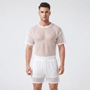 Ensemble T-shirt et short en maille pour homme, blanc, 100 % polyester, léger, été, avec short à cordon de serrage pour homme - Product Image 1