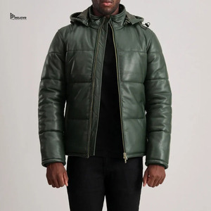 Veste matelassée à capuche en cuir PU vert de haute qualité pour homme, coupe-vent, décontractée, pour l'hiver, avec fermeture éclair, coupe classique, couleur unie - Product Image 1