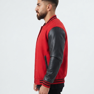 Blouson d'hiver pour homme grande taille style universitaire - Cuir véritable et tissu en laine, col montant, respirant, séchage rapide - Product Image 5
