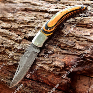 Handmade Damascus Folding <b>Knife</b> High Carbon Steel Customizable Pocket Leather Sheath OEM/ODM Pakka Wood Handle DIY <b>Utility</b> <b>Knife</b> - Product Image 2