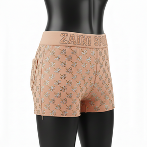 Shorts de mujer con cintura elástica, malla premium, elastano, pedrería termoadhesiva y logotipo personalizado. - Product Image 3