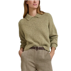 Women's Olive Green Wool Pullover Turn-Down Collar Full Sleeve Thick Knit Sweater Autumn Normcore Minimalist Style - Product Image 1