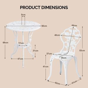 Set Bistrot da Esterno in Alluminio Pressofuso per Tutte le Stagioni, 3 Pezzi, con Tavolo e Sedie Rose per Patio, Giardino, Cortile - Product Image 5