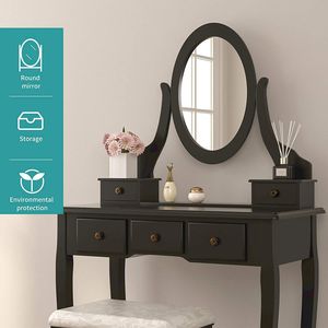 "Black Glass Vanity <b>Makeup</b> Table with Lighted <b>Mirror</b> & 5 Drawers/ Stool" - Product Image 4