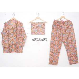 Ensemble de pyjama élégant pour femmes en coton, imprimé à la main avec un motif floral, vêtements de nuit confortables, vêtements de fête, lavables, naturels, indiens - Product Image 6