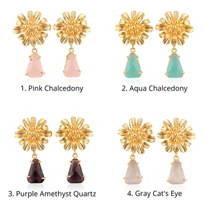 Designer jewelry checker cut chalcedony amethyst quartz <b>drop</b> earrings brass 18k gold plated sunflower stud earring for women - Product Image 1