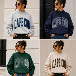 <b>Pink</b> Cape Cod Letter Print <b>Women</b> Sweatshirt Crew Neck Drop Shoulder Cropped Pullover Casual <b>Top</b> Mock Neck - Product Image 6