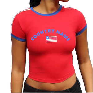 Women's <b>Red</b> <b>Crop</b> <b>Top</b> Crew Neck Short Sleeve Embroidered Flag Logo Casual Knitted T-Shirt - Product Image 1