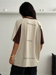 Women'S Streetwear Oversized Short Sleeve, Y2K Street Style Letter Print Trendy <b>Top</b>, Off-Shoulder Design <b>Patchwork</b> T-Shirt - Product Image 2
