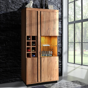 Meuble Bar Moderne en Bois de Mangue Massif avec Casier à Vin, Étagère à Verres 4 Compartiments, Rangement, Quincaillerie en Acier Inoxydable, Design Autoportant - Product Image 5