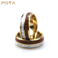 Bagues de couple en carbure de tungstène doré avec incrustation de bois et de météorite, alliances bombées pour hommes et femmes, bijoux naturels en gros