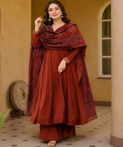 <b>Women</b> Red Cotton <b>Kurta</b> Set With Dupatta Traditional Loose Fit Floor Length Ethnic Wear India Pakistan87218 SAHAJANAND-437 - Product Image 2