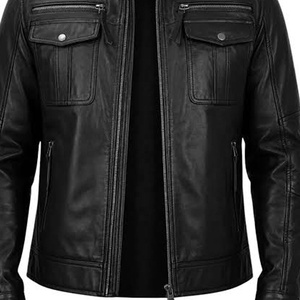 Veste en cuir noire pour homme, style universitaire, col montant, veste de motard, zippée, utilitaire, décontractée, vintage - Product Image 5