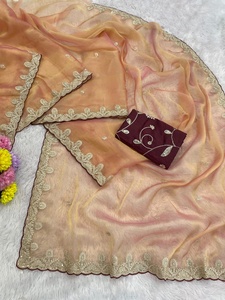 Tela de seda bicolor con bordado de lentejuelas y butti en toda la prenda, sari con Aarco y blusa sin coser. - Product Image 5