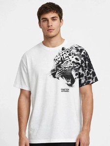 ONETEN APPAREL เสื้อยืดแขนสั้นผู้ชายสีขาวคอกลมทรงปกติพิมพ์ลายเสือดำ - Product Image 6