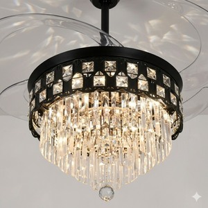 <b>LED</b> Remote Hanging <b>Light</b> for Elegant Living Room Invisible Retractable Blade <b>Ceiling</b> Fan Luxury Black <b>Crystal</b> Chandelier - Product Image 3