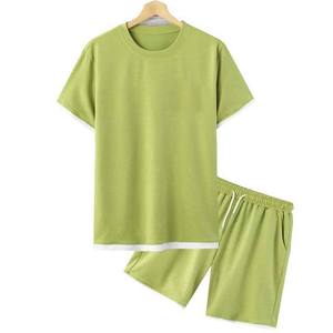 Men's Green Cotton Short Sleeve T-Shirt And Shorts <b>Set</b> Crew Neck Solid Color Casual Summer Wear Breathable <b>Knitted</b> Fabric - Product Image 1