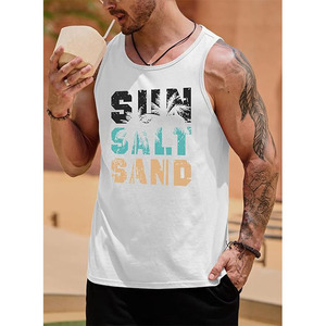 Débardeur blanc à col rond pour homme, imprimé soleil, sel et sable, décontracté, respirant, tricoté, sans manches - Product Image 3