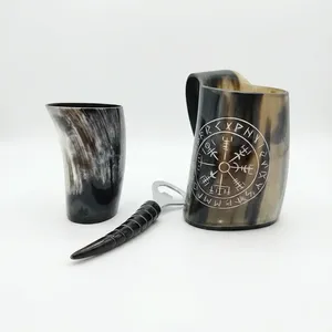 Mug et verre à shot de style viking en corne de bœuf avec ouvre-bouteille, ensemble de 3 pièces, vaisselle de camping portable, poignée en corne vintage, design luxueux - Product Image 4