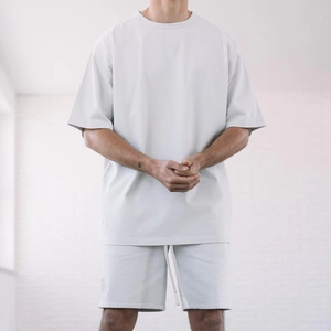 Ensemble T-shirt et short décontracté en coton blanc pour homme, col rond, manches courtes, coupe ample, couleur unie, respirant, idéal pour l'été - Product Image 2