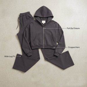 Women Solid Color <b>Cropped</b> <b>Zip</b>-<b>Up</b> Hoodie & Wide-Leg Sweatpants Tracksuit Set Casual Loose Fit Autumn Wear Full Length 100% Cotton - Product Image 2