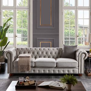 Divano Chesterfield in Tessuto di Lino Grigio Chiaro per Soggiorno - Product Image 1