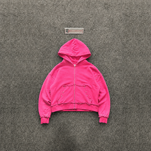 Vente en gros Sweat à capuche zippé rose oversize pour homme, en polaire décontracté, couleur unie, avec poches, manches classiques, coupe décontractée, pour l'automne - Product Image 5