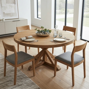 <b>Solid</b> <b>Wood</b> Round Dining Table Modern Rustic Pedestal Cross Base Natural Teak Style Wooden Table Home Dining Room Furniture <b>Desk</b> - Product Image 5
