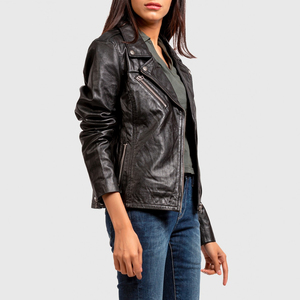 Veste moto en cuir véritable pour femme, manches longues, fermeture éclair, col montant, couleur unie, style automne - Product Image 5