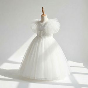 Nuevo Vestido de Princesa de Tul Blanco con Mangas Abullonadas, Largo hasta la Rodilla, Estilo Línea A, con Malla Brillante, Transpirable y Ecológico para Niñas, Ideal para Comunión - Product Image 2