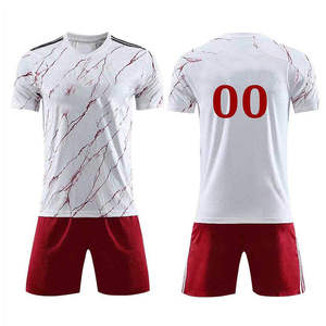 Ensemble de maillots de football pour hommes, imprimé marbré blanc et rouge, col en V, uniforme sportif à séchage rapide, short en polyester tricoté pour l'été - Product Image 1